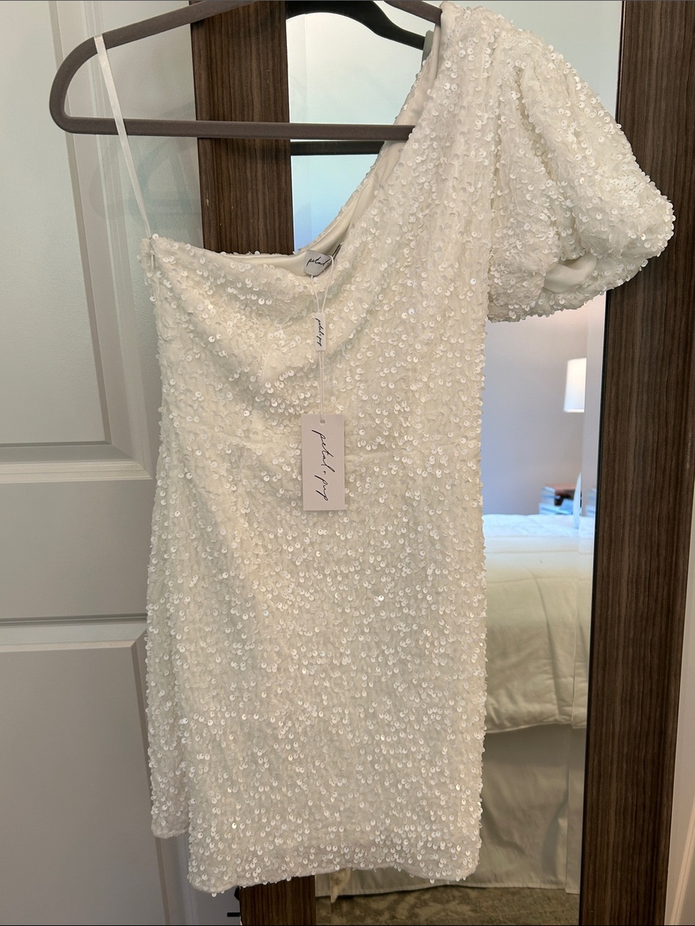 Petal & Pup White Sequin One-Shoulder Mini Dress